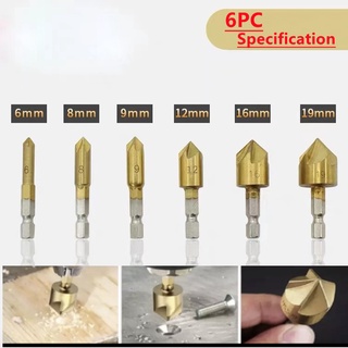 【ของแท้ 100% + COD 】 6 ชิ้น 5 ขลุ่ยไฮสปีด Countersink ขูดสว่าน 1/4 HEX S hank ไทเทเนียมเคลือบแกนไม้ดอกสว่านบิตอุปกรณ์เคร