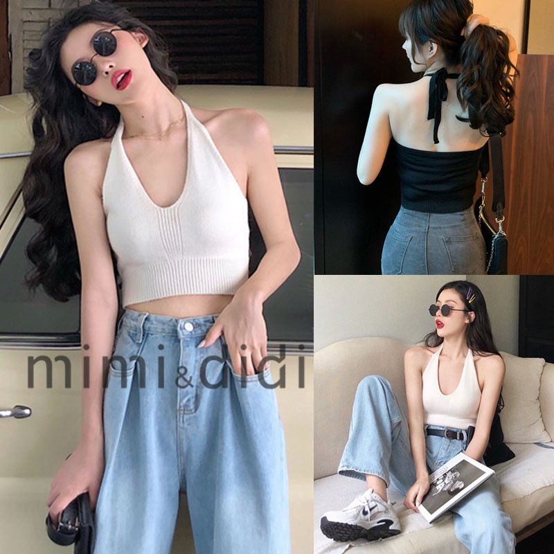 mimi&didi 362 เสื้อครอป เสื้อแขนกุดผูกคอ เสื้อกล้าม โชว์ด้านหลัง ใส่แล้วดูแซ่บเวอร์ มากมาย ผ้าไหมพรมยืดได้