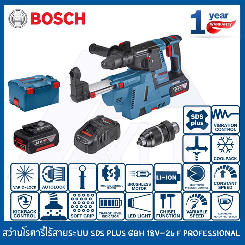 BOSCH สว่านโรตารี่ไร้สายระบบ SDS plus สว่านไร้สาย สว่านกระแทกไร้สาย รุ่น GBH 18V-26 F Professional