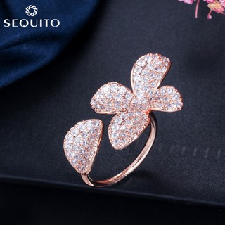 【Sequito】R030 แหวนคริสตัล เพทาย รูปใบไม้ ดอกไม้ ขนาดใหญ่ สีโรสโกลด์ ปรับได้ แฟชั่นเกาหลี สําหรับเต้นรํา ปาร์ตี้