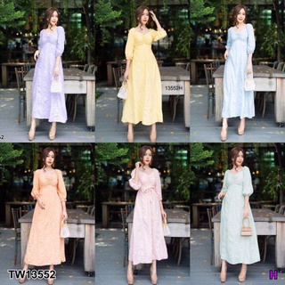 👗Pfashion [ส่งไว!!🚛] P13552 เดรสยาวแขนศอกเย็บจีบอกลายดอกเล็ก Long dress with elbow sleeves with small floral e