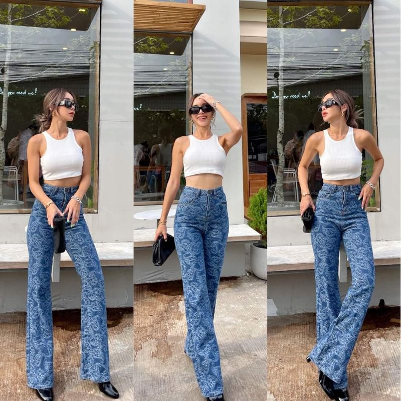 Ready Promthong 3678 กางเกงยีนส์ hw นําเข้า กทม. กางเกงขายาวผู้หญิง แฟชั่น bkk สไตล์เกาหลี