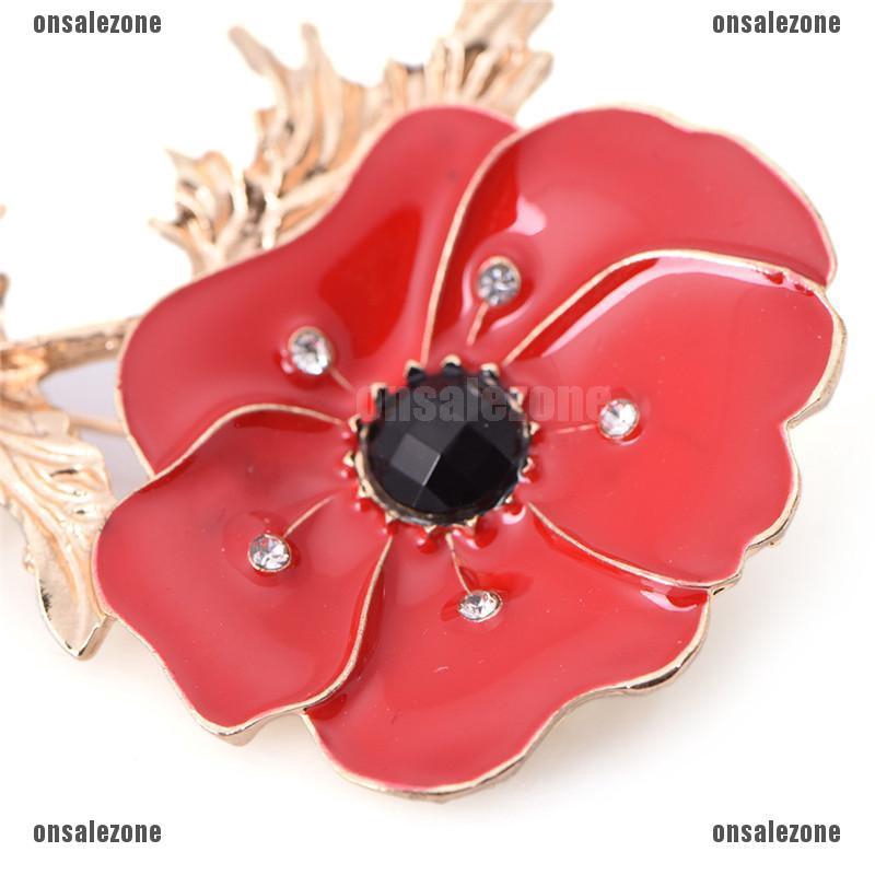 Enamel Red Poppy Brooch Pin Banquet Crystal Badge Gold Flower Remembrance In ES