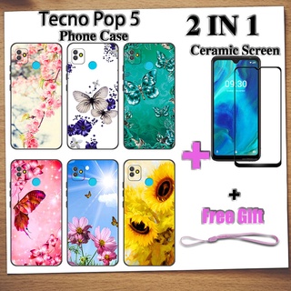 2 IN 1 Tecno Pop 5 เคสโทรศัพท์ พร้อมกระจกนิรภัย เซรามิค ป้องกันหน้าจอ โค้ง ฟิล์มนิรภัย ผีเสื้อ