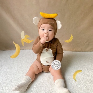 Little monkey costume (บอดี้สูท+หมวก) บอดี้สูทลิง แขนยาวสีน้ำตาล