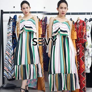 🎉Sevy Fresh Strips Single Lady Shoulder Ribbon Midi Dress 66LL3