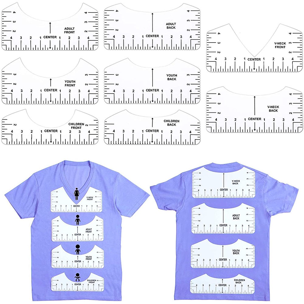 8 ชิ้น / เซต ไม้บรรทัดจัดตําแหน่งเสื้อยืด PVC ไม้บรรทัดวัดเสื้อยืด คอกลม และคอวี เครื่องมือสําหรับผู้ใหญ่ เด็กวัยหัดเดิน เด็กวัยหัดเดิน ทารก