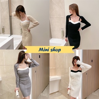 Mini shop🌸พร้อมส่ง🌸 (7629) ชุดเดรสสายเดี่ยวไหมพรม+เสื้อคลุมแขนยาว ผ้าร่องทรงสวยใส่สบาย