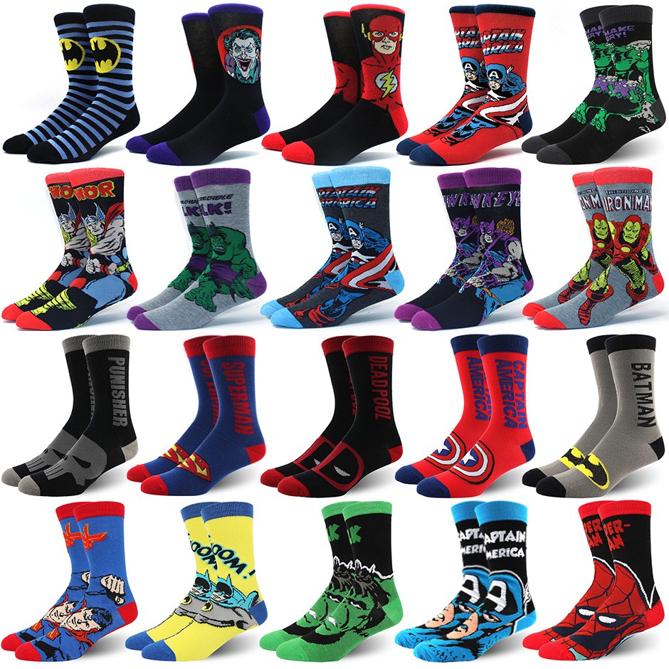 แฟชั่นฟิล์ม Superhero Combed Cotton Unisex ถุงเท้าผู้ชายขนาดบวกถุงเท้า