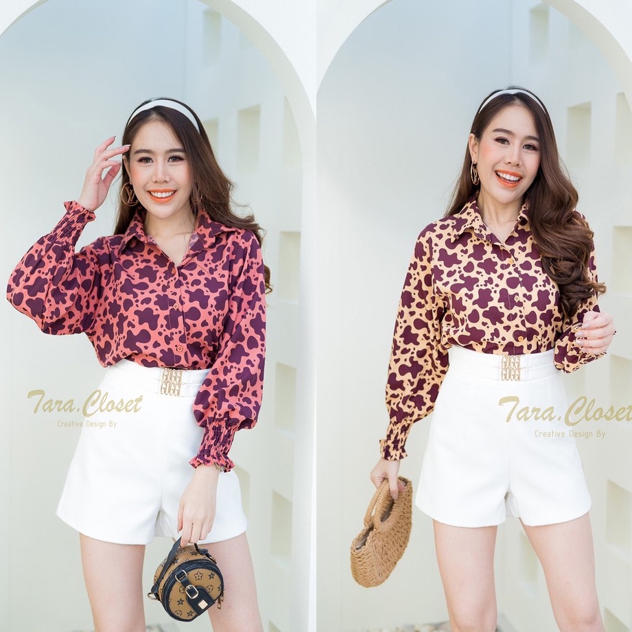 VA042 TARA Shirt เสื้อเชิ้ต คอปก สม็อกปลายแขน ลายกราฟฟิก น้องวัว เนื้อผ้าไหมอิตาลีอย่างดี ไม่หนามาก ใส่สบาย