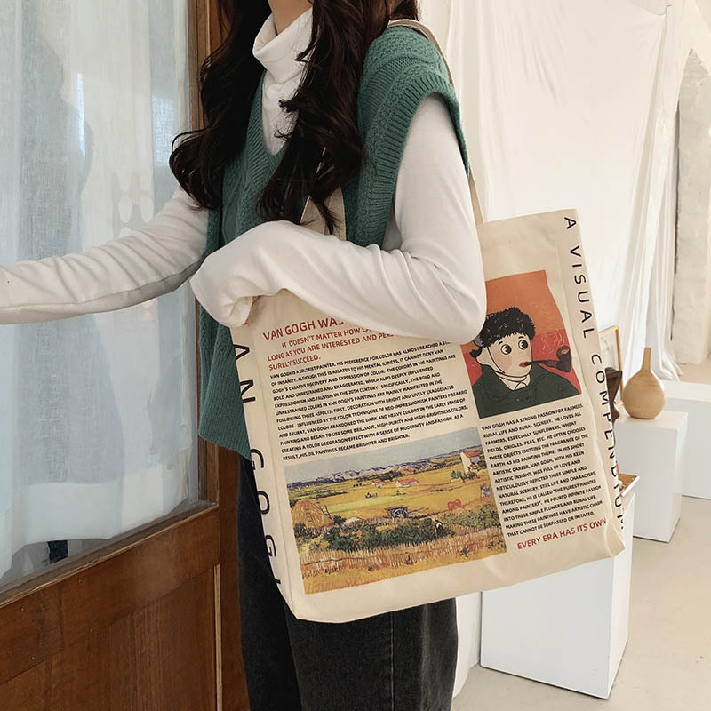 กระเป๋านักเรียน ผ้าแคนวาส ลายการ์ตูน Van Gogh น่ารัก สไตล์วินเทจ สําหรับนักเรียน