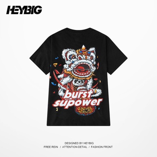 เสื้อยืดผู้ชาย▫☌HEYBIG แห่งชาติน้ำสไตล์จีน Lion Dance ภาพสร้างสรรค์ Hip Hop ผู้ชายและผู้หญิงอินเทรนด์ยี่ห้อหลวมห้าสีแขนส