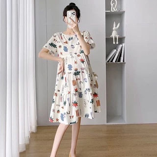 ชุดคลุมท้องมีสายผูกหลังแขนสั้น เดรสคนท้องลายน่ารักใส่สบาย เดรสคอกลมลายพิมพ์ผ้าฝ้ายราคาถูกมีราคาส่ง