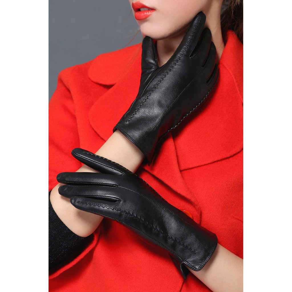 ถุงมือกันหนาวผู้หญิงหนัง PU สามารถทัชกรีนมือถือได้ บุขนอุ่นด้านใน
