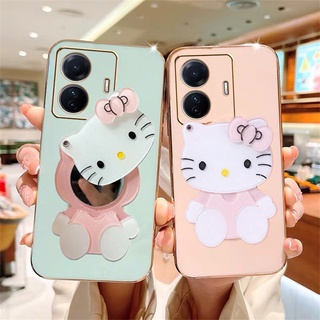 In Stock เคส Phone Casing VIVO Y02S Y77 Y76 Y75 Y30 T1 V23 V23E 5G 4G 2022 New Electroplate Handphone Case with Fashion Hellokitty Makeup Mirror TPU Softcase Lens Shockproof Back Cover เคสโทรศัพท์