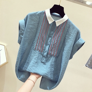 เสื้อผ้าแฟชั่นสตรีสไตล์เกาหลีแขนสั้นผ้าฟาบริค