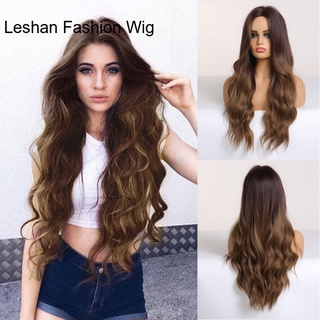 Ombre Brown Long Wavy Synthetic Wigs Middle Part Natural Hairs for Women Daily Cosplay Party Heat Resistant Fiber Wigs