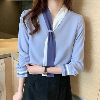 เสื้อเชิ้ตแขนยาว ผ้าชีฟอง สีพื้น สไตล์ตะวันตก ไซซ์ S-3XL