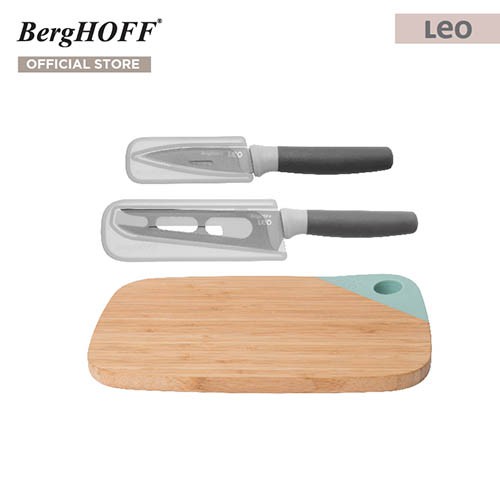 BergHOFF ชุดมีดสแตนเลสสตีลเคลือบ Non-Stick 2 ชิ้นพร้อมเขียงไผ่ รุ่น Leo ทนทาน สีเทา ไม้ เขียว 3950215