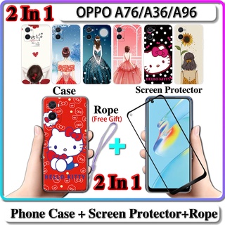 2 IN 1 เคส OPPO A96 A76 A36 เคส พร้อมกระจกนิรภัย โค้ง เซรามิค ป้องกันหน้าจอ สําหรับเด็กผู้หญิง และคิตตี้