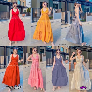 TwinsShopVip💗พร้อมส่ง TW13457 แม็กซี่เดรสคล้องคอผูกโบว์ ผ้าโฟร์ฟร์เวย์สีพื้น