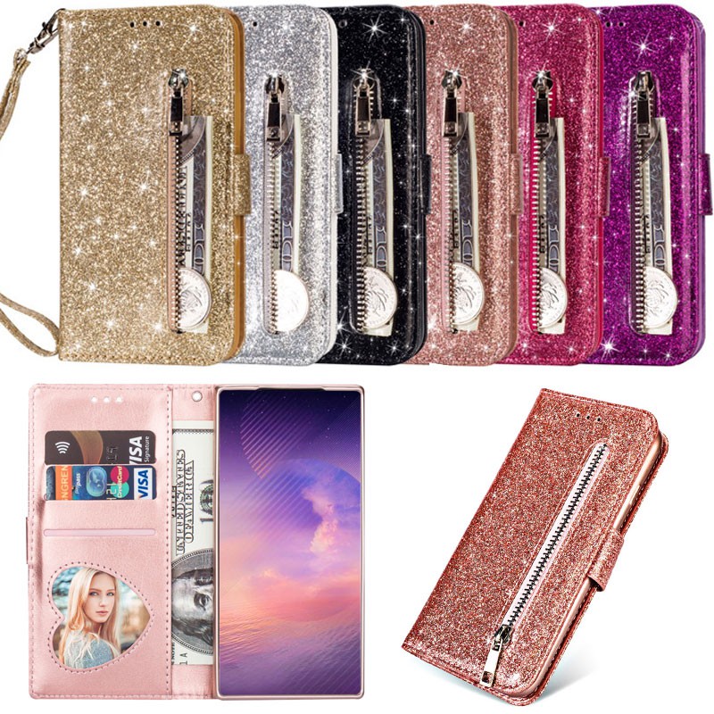 เคสโทรศัพท์มือถือหนัง PU นิ่ม ฝาพับ แต่งกลิตเตอร์ พร้อมช่องใส่บัตร มีซิป ตั้งได้ อเนกประสงค์ สําหรับ Samsung Galaxy S9 Plus S8 Plus S7 Edge S9+ S8+ Note 8 Note 9 S7