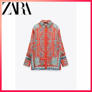 Zara ใหม่ เสื้อเชิ้ต คอปก กระดุมแถวเดียว พิมพ์ลาย สีแดง แฟชั่นสไตล์เรโทร