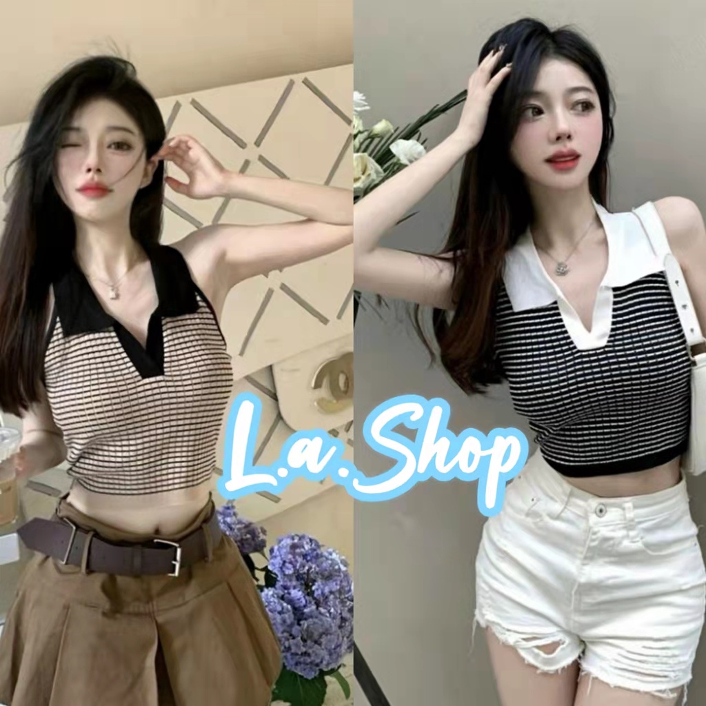 L.A Shop ​พร้อมส่ง เสื้อครอปคล้องคอไหมพรม คอปก ดีเทลลายทางน่ารักมาก "0236" -C