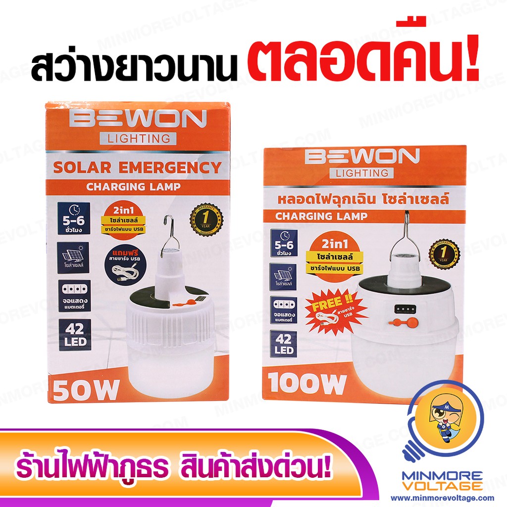 BEWON หลอดฉุกเฉินโซล่าเซลล์ LED 50W/100W | เหมาะสำหรับพ่อค้าแม่ค้าตลาดนัด