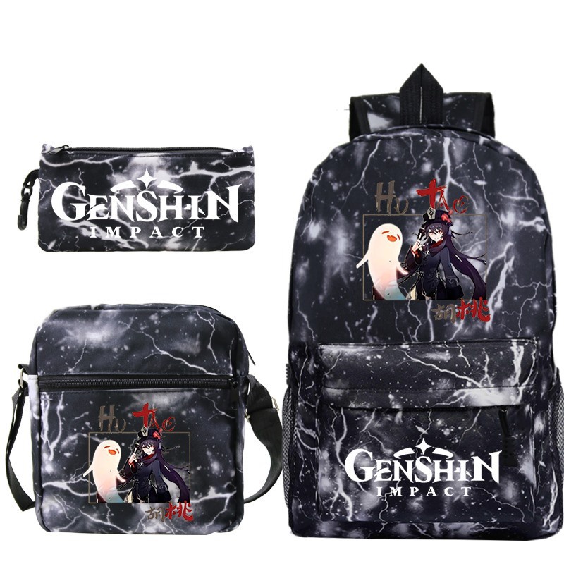 Genshin Impact Hu Tao กระเป๋าสะพายหลัง กระนักเรียน าสะพายไหล่ กระเป๋าดินสอ สามชิ้น