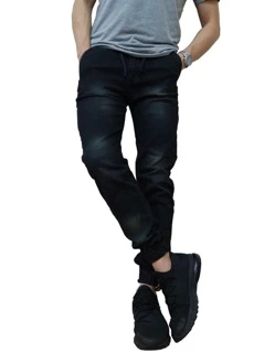 Jogger Pants กางเกงขาจั๊ม สีดำยีนส์ฟอกเอวสม็อคมีเชือกผูก ยืด สวมใส่สบาย Size 28-54 รับชำระปลายทาง มีไซส์ใหญ่