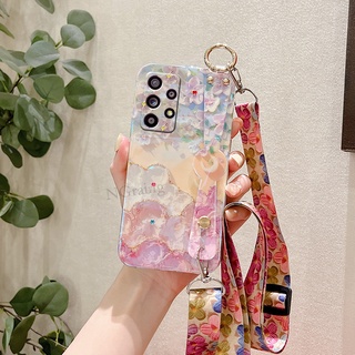 เคสโทรศัพท์มือถือ ซิลิโคนนุ่ม ลายภาพวาดสีน้ํามัน รูปดอกซากุระ พร้อมสายคล้องข้อมือ สําหรับ Samsung A24 A34 A54 A53 A73 A13 A23 A33 A03 A52 A52S 5G 4G