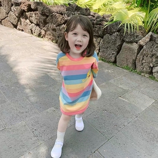 ชุดเดรสแขนสั้น ผ้าฝ้าย ลายทาง สีรุ้ง แฟชั่นฤดูร้อน สําหรับเด็กผู้หญิง