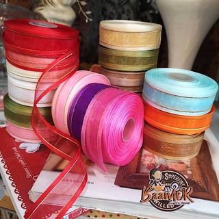 1 นิ้ว ริบบิ้น ผ้าแก้ว ขอบทอง ริบบิ้น ผ้าแก้ว ริบบิ้น ribbon for DIY ริบบิ้นสำหรับวันพิเศษ และวันเทศกาล