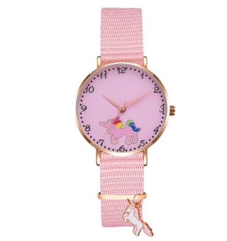 นาฬิกาข้อมือสําหรับเด็กผู้หญิงสายเข็มขัดไนล่อนผ้าใบลายการ์ตูน Unicorn Flamingo