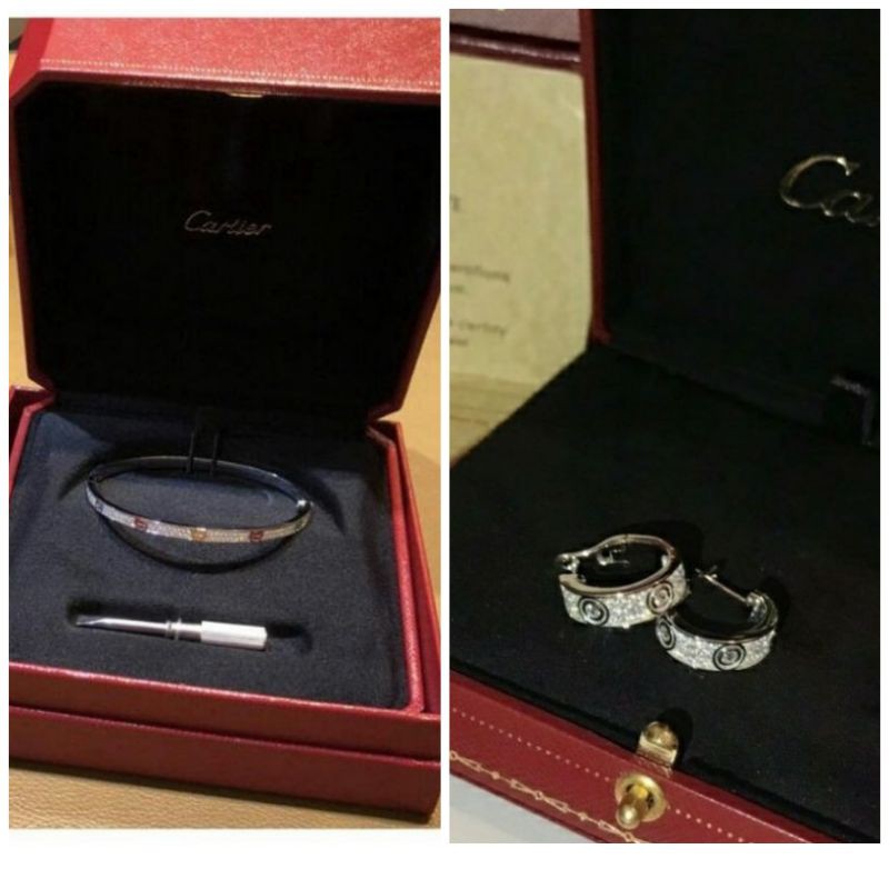 เซต!!! กำไล Cartier เพชร 2 แถว และ ต่างหูแบบห่วง Cartier สีเงิน  งาน Hi-end Quality เทียบ 1:1