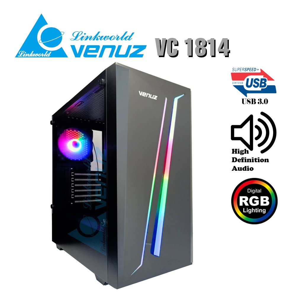 VENUZ ATX Mid Tower Tempered Glass Gaming Case with RGB Strip Front Panel &amp; Rainbow RGB Fan x1 VC 1814 – Black