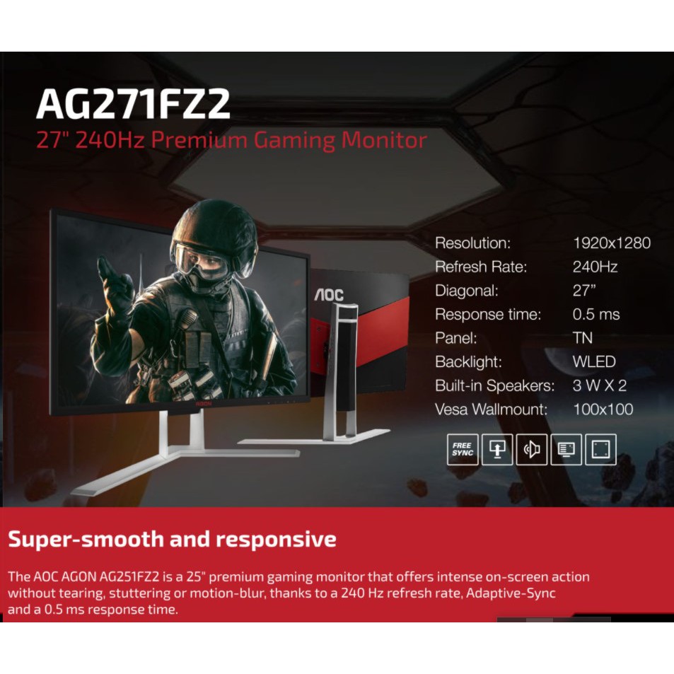 AOC AG271FZ2 จอมอนิเตอร์เกมมิ่ง 27 นิ้ว 240Hz Full HD TN Panel