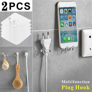 2Pcs Transparent Adhesive Hanger Wall Storage Hook Power Plug Socket Holder Multi-function Socket Wire Hooks for Home Office