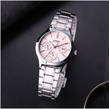 นาฬิกา Casioแท้ รุ่น LTP-V300D-4A นาฬิกาผู้หญิง สายแสตนเลส หน้าปัดสีชมพูหวาน - ของแท้ 100% รับประกันสินค้า 1 ปีเต็ม