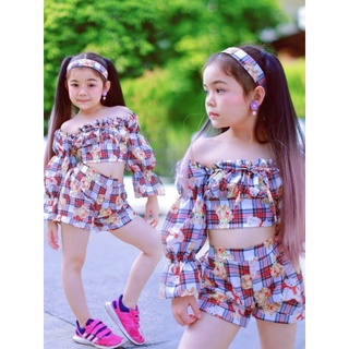 งานเซทเสื้อแขนยาวน้องหมีลายสก๊อต  + กางเกงขาสั้น พร้อมคาดผม