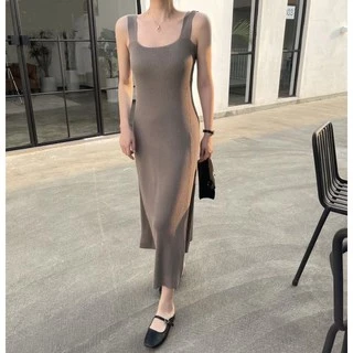 Cicishop(827-1)เดรสยาวผ้าไหมพรมknit ผ้าทองร่องใหญ่ยืดได้เยอะ ลุคเกาหลีมาก