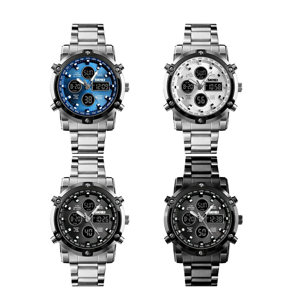 นาฬิกาคู่ นาฬิกา SKMEI 1389 นาฬิกาข้อมือสายเหล็ก สองระบบ กันน้ำ ของแท้ 100%