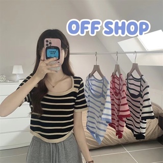 OFF SHOP พร้อมส่ง (OFF-6A309) เสื้อไหมพรมแขนสั้น คอกลม ลายทางดีเทลปลายโค้งเก๋ๆ -C