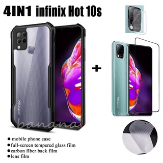 (4IN1) Infinix Hot 10s hot 10 9 Play Zero 8 SMART 5 Camon 16 pova 2 Shockproof Phone Case + tempered glass film + carbon fiber back film + lens film