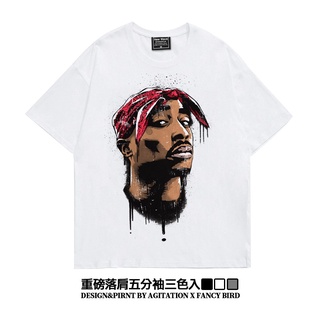 เสื้อยืดสีขาว✤American rap 2pac tide แบรนด์ห้าจุดแขน oversize ไหล่หนักวาง Ami สีกากีแขนสั้นเสื้อยืดฤดูร้อนผู้ชายและผู้หญ