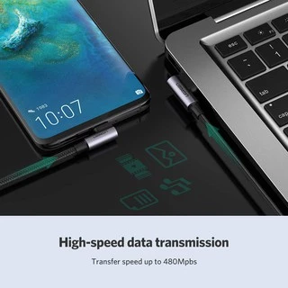 UGREEN USB 2.0 to USB-C 3A Cable 90° Angled 2 Sides รองรับ QC3.0 ชาร์จได้รวดเร็ว รุ่น US176 ยาว 0.5-3 M (Alu, Nylon)