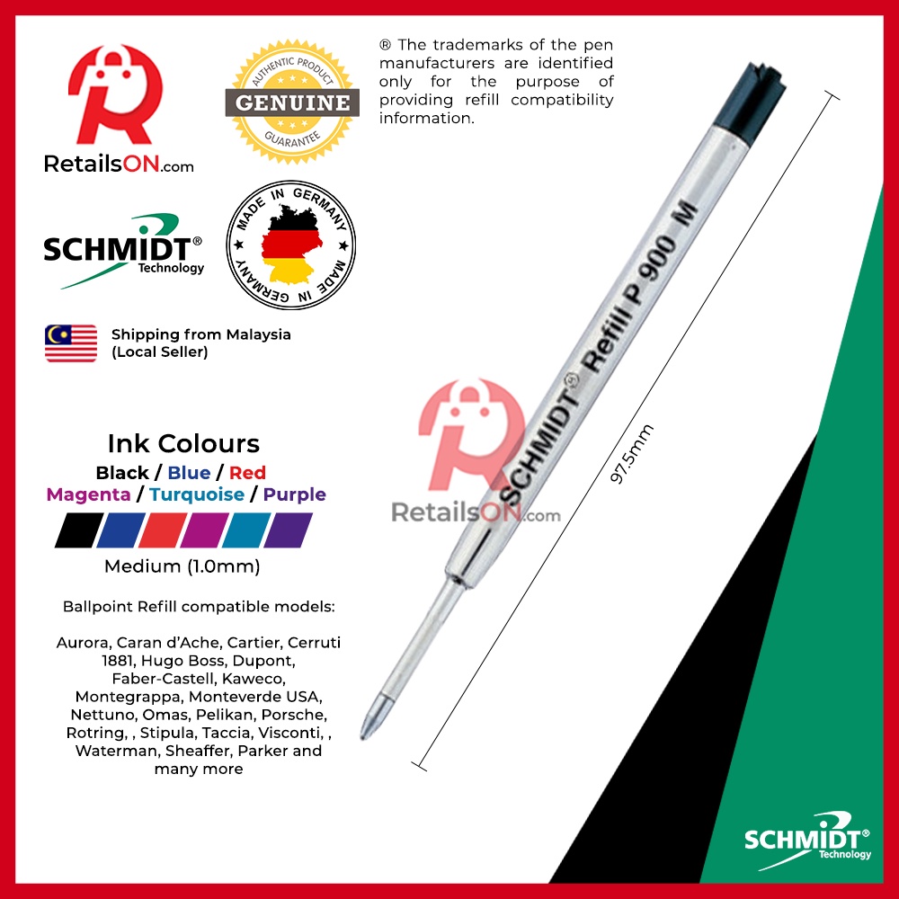 Schmidt Refill P900M สําหรับปากกาลูกลื่น - Medium (M) Parker Style G2 Ballpoint Refill เหมาะกับ Hugo