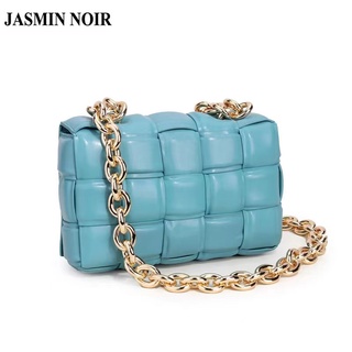 Jasmin Noir กระเป๋าสะพายไหล่ สะพายข้าง หนัง PU แต่งสายโซ่หนา ลายสก๊อต สีทอง สําหรับผู้หญิง