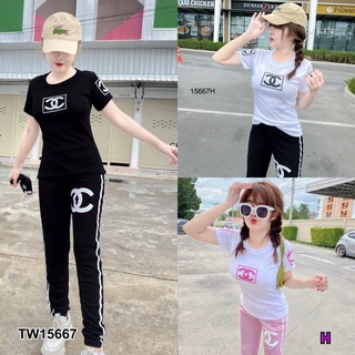 👗Pfashion [ส่งไว!!🚛] P15667 set 2 ชิ้น เสื้อยืดแขนสั้นสกรีนโลโก้ + กางเกงเลคกิ้งขายาวแถบข้าง